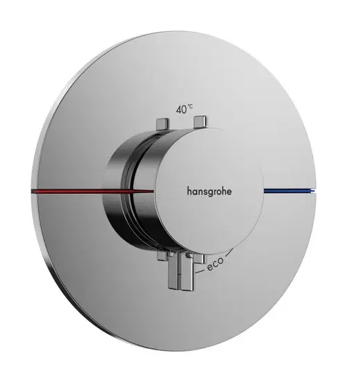 Thermostat von Hansgrohe mit kontrollierbaren Temperaturanzeigen und Eco-Funktion, montiert auf runder Chrom-Oberfläche. Farbige Markierungen für kaltes und warmes Wasser.